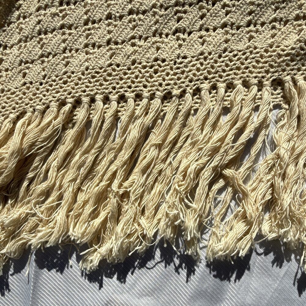 Women’s Beige Crochet Triangle Wrap Shawl with Fringe Accents, granny chic - Picture 6 of 8